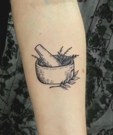 Apothecary Bottle Tattoo, Healer Tattoo Ideas, Mortar And Pestle Tattoo, Herbology Tattoo, Herbalist Tattoo, Tea Leaves Tattoo, Healer Tattoo, Mason Jar Tattoo, Herb Tattoo