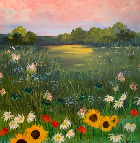 Fearless Friday, Wild Flower Field | The Painted Apron Flower Field Landscape, Easy Nature Paintings, Boho Canvas Art, Painted Apron, Dreamy Flowers, Field Paint, Grass Painting, Modern Art Canvas Painting, Wild Flower Meadow