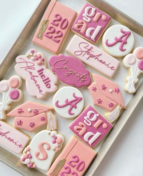 Grad Cookies 2023, Pink Grad Cookies, Grad Party Cookies, Grad Cookies, Pink Graduation Party, Grad Party Inspo, Grad Party Theme, Law School Graduation Party, Graduation Party Desserts