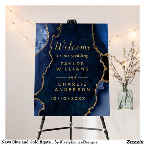 Navy Blue and Gold Agate Wedding Welcome Sign Amethyst Theme Party, Navy Blue Quince, Birthday Party Ideas For Mom, Purple And Gold Wedding, Gold Glitter Wedding, Geode Wedding, Elegant Wedding Invitation Card, Agate Wedding, Marble Wedding