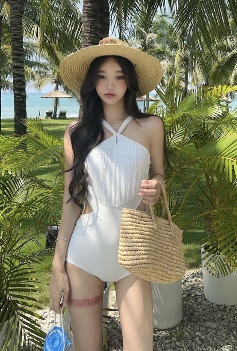 Swimsuit Outfit Ideas, Korean Swimsuit, Swimsuit Outfit, Swimsuit Aesthetic, Korean Hair, Trendy Bikinis, Swimsuits Outfits, Beachwear Fashion, Cute Swimsuits