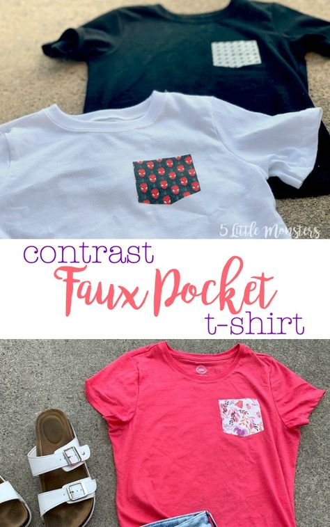 How To Add A Pocket To A Shirt, Pocket T Shirt Design Ideas, Diy Tees, Sewing Kids Clothes, Pocket Pattern, Pocket Shirt, Pocket Tshirt, Cricut Tutorials, Recycle Clothes