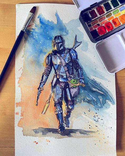 Watercolor Art Star Wars, Star Wars Watercolor Painting, Mandalorian Watercolor, Starwars Watercolor, Star Wars Watercolor, Canvas Painting Patterns, Star Wars Art Drawings, Mandalorian Poster, Watercolor Christmas Cards Diy