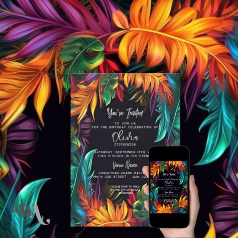 Havana Party Invitations, Tropical Neon Party, Contact Us Illustration, Tropical Wedding Theme Colors, Tropical Night Party, Bar Murals, Tropical Wedding Color Palette, Tropical Birthday Decorations, Tropical Birthday Invitations