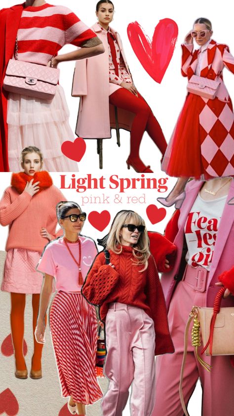 Light Spring Color Palette: Red & Pink Valentines Day Outfit Ideas, Light Spring Color Palette, Red Pastel, Colorful Wardrobe, Day Outfit Ideas, Outfit Inspiration Women, Colour Combinations Fashion, Color Combos Outfit, Spring Color Palette