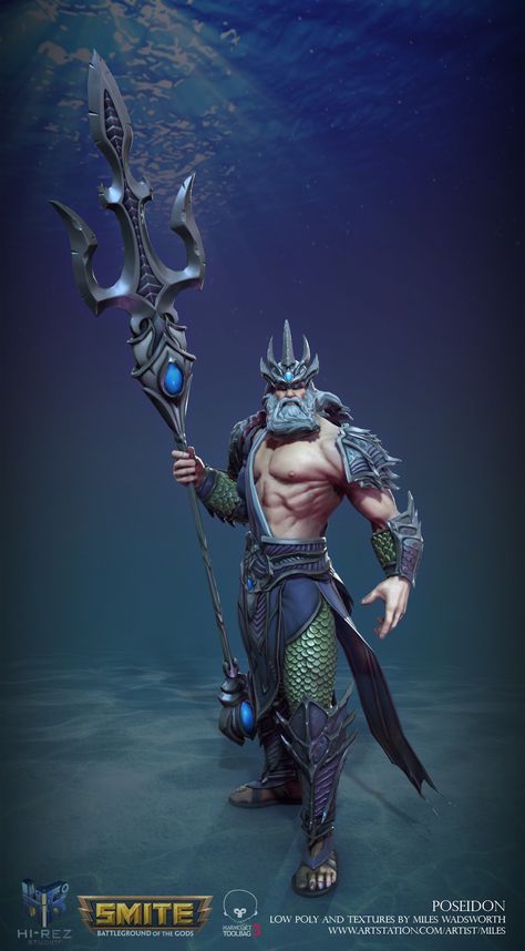 ArtStation - SMITE: Poseidon, Miles Wadsworth Poseidon Costume, Poseidon God, Poseidon Tattoo, Greek Gods And Goddesses, Greek And Roman Mythology, Greek Mythology Art, Mermaids And Mermen, Roman Mythology, Mythology Art