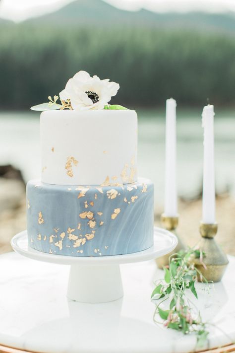 Two tier marble dusty light blue wedding cake with gold foil anenome | Custom Cakes by Krystle | Peachy Keen Coordination | Heather Mills Photography  #peachykeencoordination #goldfoil #weddingcake Wedding Cake Dusty Blue, March Wedding Colors, Light Blue Wedding Cake, Blue Wedding Cake, Cakes Simple, Pretty Wedding Cakes, Summer Wedding Cakes, March Wedding, Simple Elegant Wedding