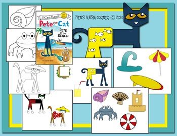 Free Graphics to go along with the book Pete The Cat Pete At The Beach by James Dean.  Included are the following graphics:Pete the CatPete's brotherPete's motherballcrabsandcastlelemonadesandwichsurf boardwave2 seashellsumbrellaAll graphics come in an 8x10 size as well as a smaller manipulative size. Pete The Cat At The Beach Activities, Pete The Cat At The Beach, Pete The Cat Goes Camping Activities, Cat Meow Meaning, Cat Facts Text, Cat Activities, Door Classroom, Prek Art, Doodle A Day