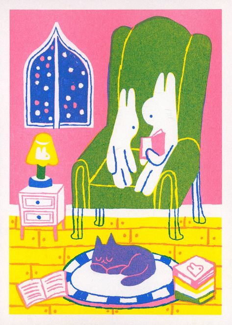 Risograph Illustration, Dog Illustration Art, Rabbit Illustration, Riso Print, Winter Animals, Dog Illustration, Cozy Winter, Funky Art, Animal Illustration