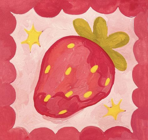 Strawberry Drawings Cute, Strawberry Aesthetic Art, Strawberry Cute Drawing, Strawberry Painting Ideas, Strawberry Cartoon Drawing, Fresas Wallpaper, Painting Ideas Strawberry, How To Draw Strawberry, Strawberry Drawing Aesthetic