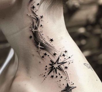 Star Explosion Tattoo, Stars Galaxy Tattoo, Exploding Star Tattoo, Galaxy Back Tattoo, Celestial Back Tattoo, Explosion Tattoo, Galaxy Tattoo Ideas, Shooting Star Tattoos, Cool Space Tattoos