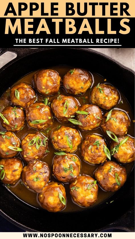 Overhead photo of apple butter glazed chicken meatballs in a black cast iron skillet. Fall Meatballs, Apple Meatballs, Chicken Meatball Recipe, Main Dishes Meat, Chicken Apple, Chicken Meatball, Apple Butter Recipe, Chicken Meatball Recipes, Butter Glaze