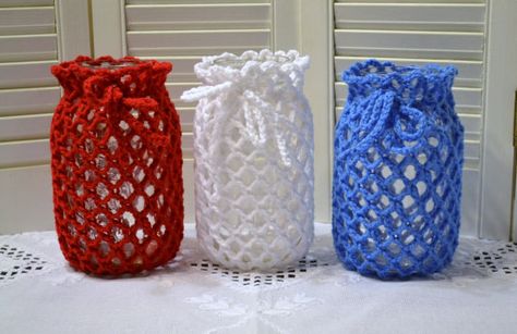 Crochet Candle Holder Luminaire Lantern Mason Jar Cover Red White Blue Flower Vase Littlestsister Crochet Candle Holder, Crochet Candle, Crochet Jar Covers, Mason Jar Cozy, Jar Covers, Blue Flower Vase, Crochet Decoration, Christmas Crochet Patterns, Crochet Rug