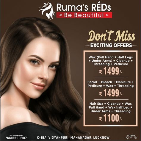 Salon Packages Ideas, Saloon Offers Ideas, Beauty Parlour Offer Poster, Parlour Ideas, Makeup Marketing, Hair Poster Design, Men Salon, Beauty Salon Price List, Hair Salon Quotes