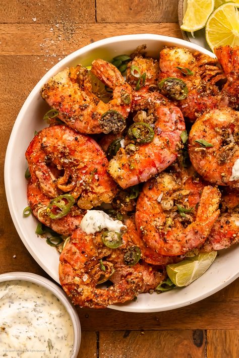 Chinese Salt and Pepper Shrimp: Crispy, Crunchy Perfection! - No Spoon Necessary Giant Shrimp Recipe, Cilantro Dipping Sauce, Aesthetic Seafood, Cold Shrimp, Pepper Shrimp Recipe, Crunchy Food, Salt And Pepper Shrimp, Pepper Shrimp, Simple Family Meals