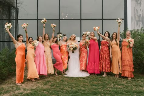 Summer Orange Bridesmaid Dresses, Sunset Bridal Party Colors, Sunset Pink Bridesmaid Dresses, Sunset Mismatched Bridesmaid Dresses, Mismatch Orange Bridesmaids, Spring Pink Bridesmaid Dresses, Pink And Orange Bridesmaid Dress, Bridesmaid Dresses Pink Orange, Pink Orange Green Bridesmaid Dresses