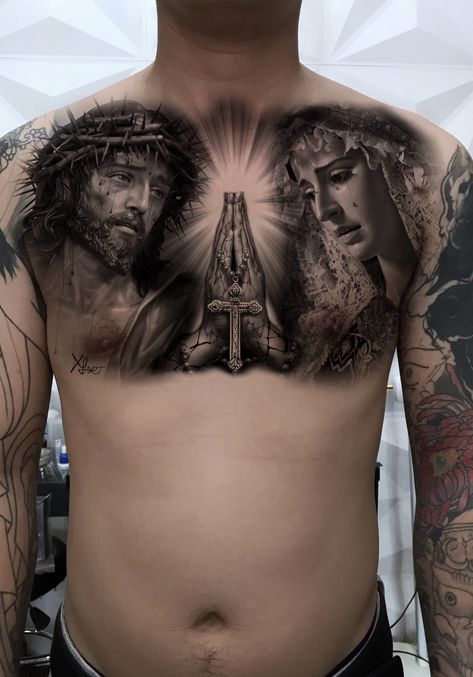 Jesus Tattoo Sleeve, Religous Tattoo, Jesus Christ Tattoo, Chest Tattoo Drawings, Jesus Tattoo Design, Backpiece Tattoo, Christ Tattoo, Card Tattoo Designs, Rose Tattoos For Men