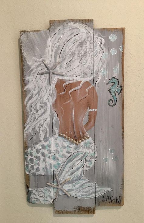 Painted Mermaids On Wood, Mermaid Paintings Acrylic, Mermaids On Wood, Painted Mermaid, Pop Art Marilyn, Mermaid Bath, Sea Life Decor, Mermaid Canvas, Sea Life Art