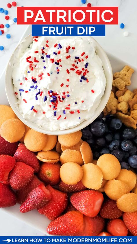 Make this easy Patriotic Fruit Dip in minutes! Perfect for Fourth of July, Memorial Day and Labor Day parties. #FourthofJuly #4thofJuly #LaborDayRecipes Fourth Of July Dips Easy, 4th Of July Fruit Dip, Fourth Of July Dip Recipes, Fourth Of July Fruit Tray, Fruit 4th Of July, 4th Of July Dips, Fourth Of July Dip, Fourth Of July Fruit, 4th Of July Fruit