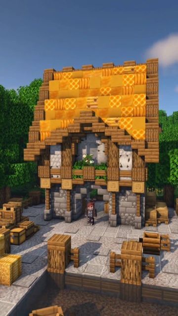 Minecraft Overhang House, Bee Village Minecraft, Honeycomb House Minecraft, Honey Block Minecraft House, Minecraft Apiary, Minecraft Beehive, Minecraft Bee House, Minecraft Bee Sanctuary, Minecraft Storage