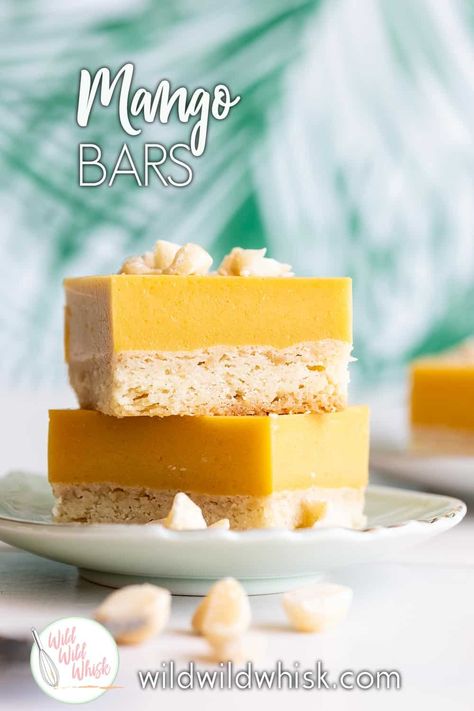 These Mango Bars are no ordinary mango bars. They are the perfect marriage of a nutty macadamia shortbread crust and creamy mango pudding. #wildwildwhisk #macfarms #mangobars #mangopudding #ad Mango Bread Recipe Hawaii, Mango Bars, Mango Curd, Mango Pie, Cookie Dough Bars, The Perfect Marriage, Sweet Breakfast Treats, Mango Pudding, Mango Dessert