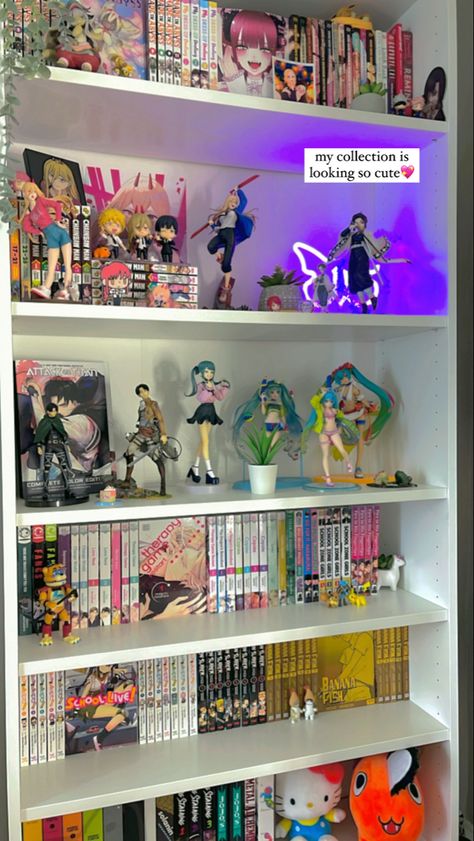 #manga #anime #mangacollection #figurecollection #animefigures #roominspo #bedroomideas #decoration #bookshelf #shelfdecorating Anime Shelf Ideas, Manga Bookshelf Ideas, Anime Bookshelf, Rgb Bedroom, Manga Shelf Ideas, Shelving Manga, Anime Shelves, Anime Display, Manga Bookshelf