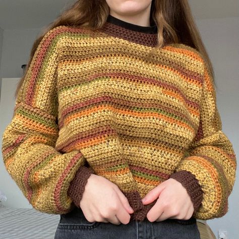 Crocheted Aesthetic, Stripped Crochet Patterns, Crocette Sweater, Autumn Crochet Outfit, Fall Crochet Sweater Pattern, Crochet Aesthetic Sweater, Crochet Sweater Colors, Handmade Sweaters, Fall Sweater Colors