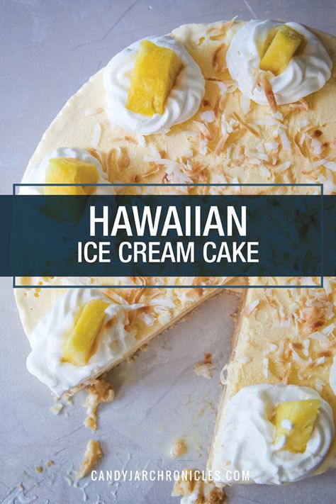 Ice cream is one of the best parts of summer, combine it with ripe bananas, crushed pineapples and nestled it on a coconut crumb base,and this Hawaiian Ice Cream Cake is an ice cream lovers dream. It'll quickly become a summer staple, an easy recipe that ends up on your dessert menu rotation.  #icecreamcake #cakesofinsta #icecreamdream #hawaiianfood   via @Candy Jar Chronicles Hawaiian Ice Cream, Banana Ice Cream Cake, Pineapple Coconut Ice Cream, Hawaiian Ice, Ripe Banana Recipe, Pineapple Ice Cream, Ice Cream Cake Recipe, Peanut Butter Cookie Dough, Ice Cake