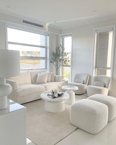 Temple & Webster (@templeandwebster) posted on Instagram: “White on white on white 🤍 We love how @claudettekay has played with texture and shape in this space to bring life and warmth featuring the…” • Jul 6, 2022 at 8:01am UTC White Cloud Sofa Living Room, White Fluffy Sofa Living Room, White Cloud Couch Aesthetic, White Boucle Sofa, White Modular Sectional, Clean Interior Design, Dream Apartment Decor, Salon Interior Design, Beautiful House Plans