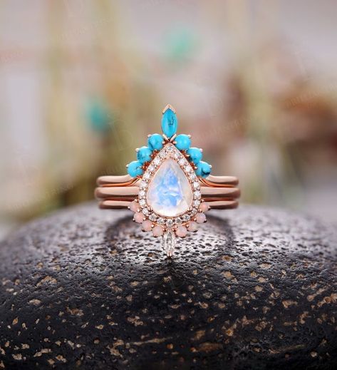 Rose Quartz Ring Engagement, Turquoise Wedding Rings, Turquoise Wedding Band, Moonstone Engagement Ring Set, Opal Wedding Band, Wedding Rings Photos, Pear Shaped Engagement Rings, Half Eternity Wedding Band, Turquoise Wedding