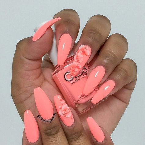 Nails By: Tracy Coral Pink Nails, Shiny Nails Designs, Coral Nails, Light Pink Nails, Long Acrylic Nails Coffin, Best Nail Art Designs, Pink Nail Designs, Summer Acrylic Nails, Pink Nail