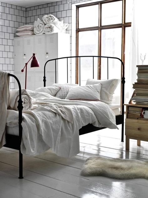 Lillesand Bed, Guest Bedroom Inspiration, Wrought Iron Bed Frames, Industrial Bed, Cama Ikea, Industrial Bedroom Design, All White Bedroom, Wrought Iron Beds, Ikea New