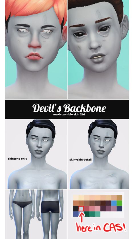 DEVIL'S BACKBONE - MAXIS ZOMBIE SKIN 2T4 - PYXIS SIMS Demon Teeth, Zombie Skin, Cc Skin, Vampire Stuff, Sims Stories, Demon Days, Makeup Cc, Skin Details, Sims 4 Cc Skin