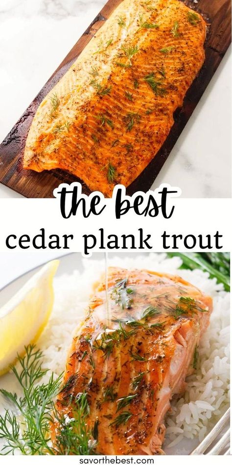 Our baked cedar plank trout is tender, buttery and delicately seasoned for an ultra delicious main course! The cedar plank adds a nice smoky flavor to the fish, and cooks the trout gently with indirect heat. The result? Moist and tender fish with a melt-in-your-mouth texture. We are using a steelhead trout but this works with rainbow trout as well. Dill Butter, Trout Recipe, Steelhead Trout, Trout Recipes, Gluten Free Main Dishes, Cedar Planks, Salmon Dishes, Brown Trout, Rainbow Trout