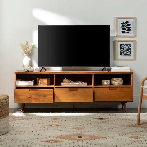 Mercury Row® Sadie Solid Wood TV Stand for TVs up to 78" & Reviews | Wayfair Modern Corner Tv Stand, Modern Media Cabinets, Modern Media Console, Mid Century Modern Tv Stand, Corner Tv Stand, Solid Wood Tv Stand, Corner Tv, Media Furniture, Storage Credenza