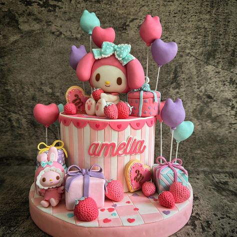 Melody Cake Design, Kuromi And My Melody Cake, My Melody Birthday Cake, Sanrio Cake Birthday, My Melody Birthday Party, Sanrio Birthday Cake, My Melody Cake, Melody Cake, Kuromi Cake