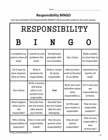 Responsibility Worksheet, Responsibility Lessons, Behavior Bingo, Teaching Responsibility, School Counseling Activities, Social Skills Lessons, Social Emotional Activities, Values Education, Media Literacy