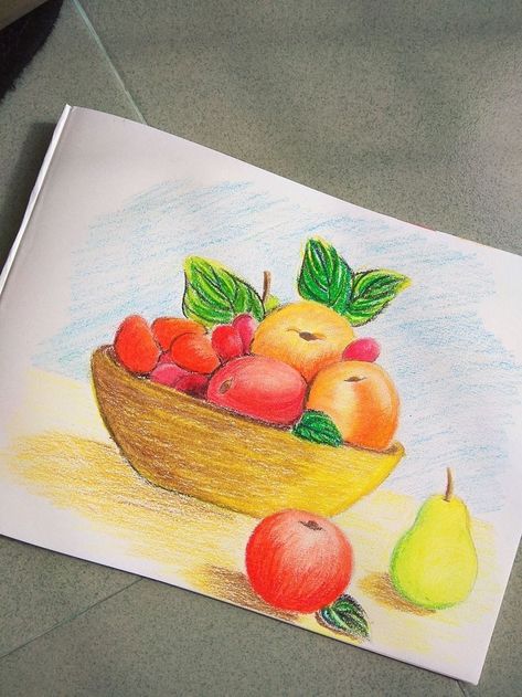 Fruit In Basket Drawing, Fruit Garden Painting, Fruits Oil Pastel Drawing, Sketch Of Fruits, Drawing Fruit Basket Art, Fruit Basket Drawing Pencil Colour, How To Draw A Fruit Basket, Fruits Oil Pastel, Fruit Basket Drawing Paintings