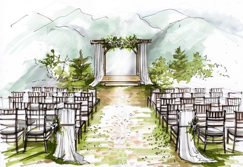 Memorable Event Sketch Design Services Wedding Decor Illustration, Landscape Sketching, Riverfront Wedding, Wedding Sketch, Floral Watercolor Background, Wedding Table Setup, Digital Wedding Invitations Templates, Wedding Procession, Venue Sketch