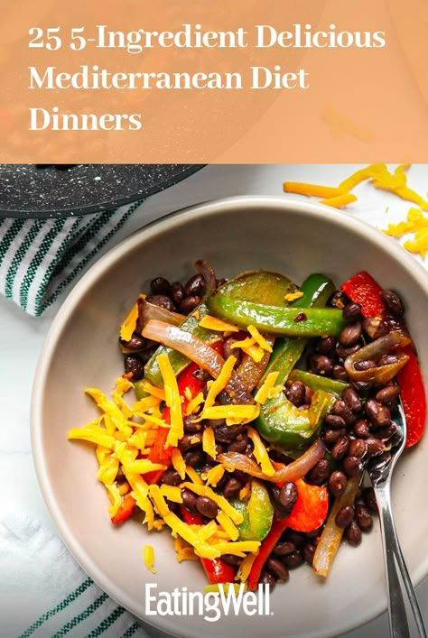 Black Bean Mediterranean Recipes, Black Bean Fajita Skillet, Mediterranean Diet Easy Dinner, 5 Ingredient Or Less Recipes Healthy Easy Dinners, Light Mediterranean Dinner, Mediterranean Black Bean Recipes, Clean Mediterranean Recipes, Simple Mediterranean Meals, Five Ingredients Or Less Recipes