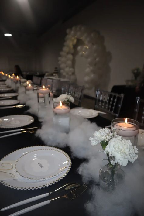 All White Party Inspiration, Cloud 9 Bridal Shower Centerpieces, Sweet 16 Cloud Theme, Heaven Prom Theme, On Cloud Nine Table Decor, On Cloud Nine Wedding Shower Theme, Cloud Engagement Party, All White Party Table Decor, Cloud Theme Table Decor