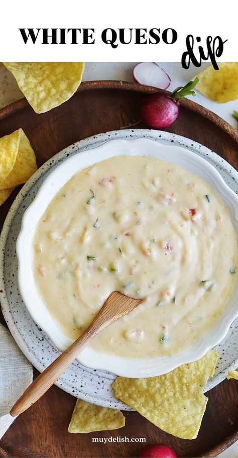 A bowl with cheese dip and tortilla chips on the side. Tostitos Queso Blanco Dip Recipes, Quest Blanco Recipes, Quest Blanco Dip, Spinach Queso Dip, Muy Delish, Swiss Cheese Dip, Queso Blanco Recipe, White Queso Recipe, Queso Cheese Dip