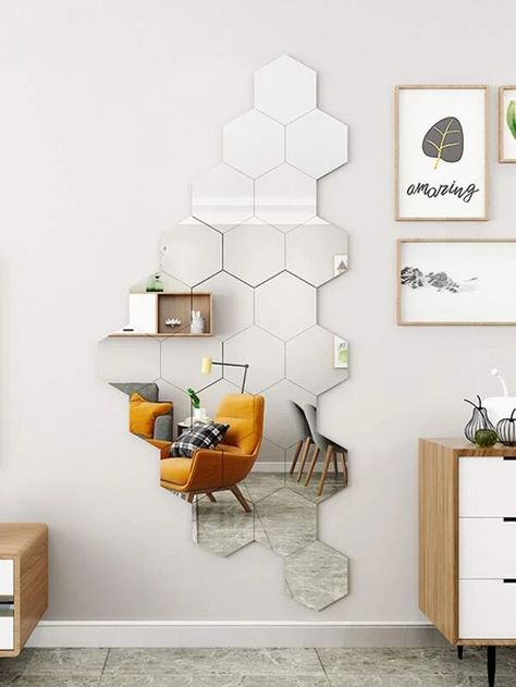 Hexagon Mirror Wall Decor, Honeycomb Mirror, 3d Mirror Wall Stickers, Hexagon Mirror, Wall Mural Decals, Design Mirror, Mirror Stickers, Hexagon Design, Wall Stickers Home Decor