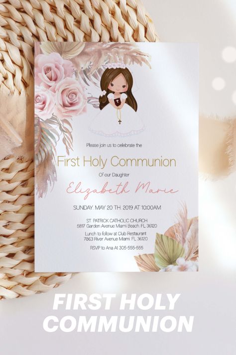 Editable Template Printable Invitation Boho theme Holy Communion Invitations, First Communion Invitations, Blond Girl, Communion Invitations, Boho Theme, First Holy Communion, Holy Communion, Pampas Grass, First Communion