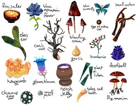 Camping Drawings, Skyrim Decor, Skyrim Alchemy, Magical Alphabet, Skyrim Drawing, Alchemy Ingredients, Skyrim Party, Elder Scrolls Tattoo, Ingredients Design