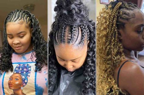 40 Beautiful Half Cornrows Half Curls Hairstyles Cornrows With Boho Curls, Half Braid Half Down, Half Up Half Down Cornrows Braids, Half Cornrows Half Crochet, Half Braids Half Curls, Half Cornrows Half Curly Weave, Big Cornrows Hairstyles, Latest Braid Styles, Big Cornrows