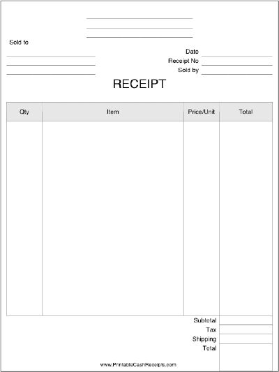 A business receipt with a generous blank area for recording quantity, item descriptions, and other details of a purchase. Free to download and print Business Receipt