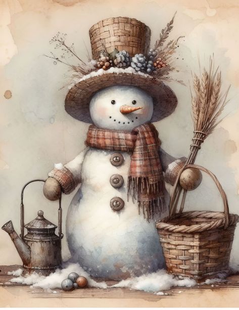 Vintage Winter Images, Snowman Painting On Canvas, Holly Branch, Highland Cow Painting, Snowmen Pictures, Decoupage Decor, Tole Painting Patterns, Primitive Snowmen, Vintage Christmas Images