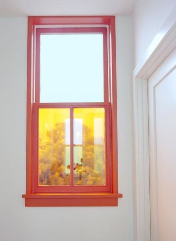 just do it Orange Window Frame, Painted Window Frames Bedroom, Orange Skirting Boards, Colour Window Frames, Window Frame Color Ideas, Pink Window Trim, Painted Window Frame Interior, Painted Window Trim Interiors, Colorful Window Trim