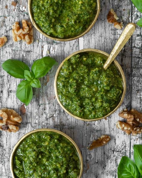 This vibrant Vegan Basil Walnut Pesto harnesses the rich and creamy flavour of toasted walnuts to create a flavoursome pesto. Pesto Walnut Recipe, Pesto Walnuts Basil, Basil Pesto No Pine Nuts Recipe, Pesto Uses, Basil Walnut Pesto, Vegan Pesto Sauce, Vegan Pesto Recipe, Nut Free Pesto, Almond Pesto